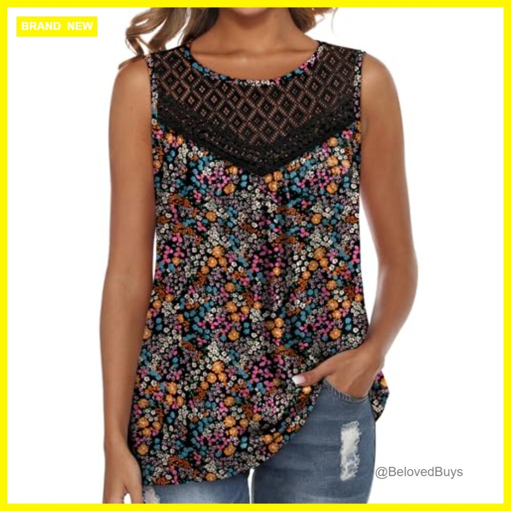 Loose Fit Lace Crochet Boho Tank Top Sleeveless Pleated Tunic Summer - Picture 2 of 7